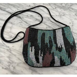 Lyrella Abstract Beaded Purse Clutch Bag Black Pink Green White Vintage 80s
